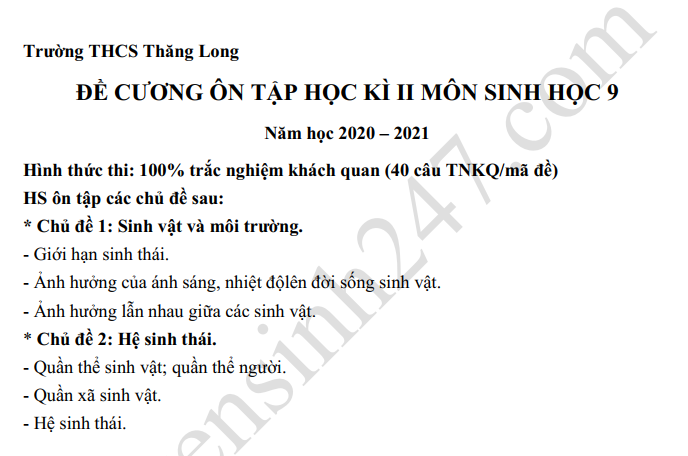 De cuong on tap mon Sinh lop 9 ki 2 - THCS Thang Long 2021