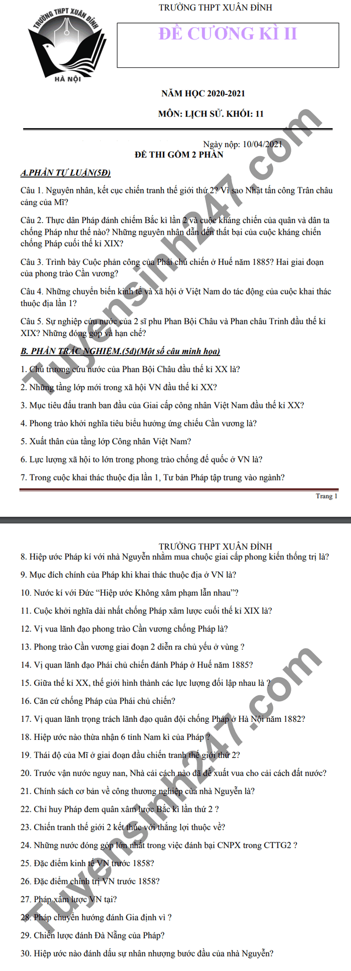 De cuong hoc ki 2 THPT Xuan Dinh nam 2021 mon Su lop 11