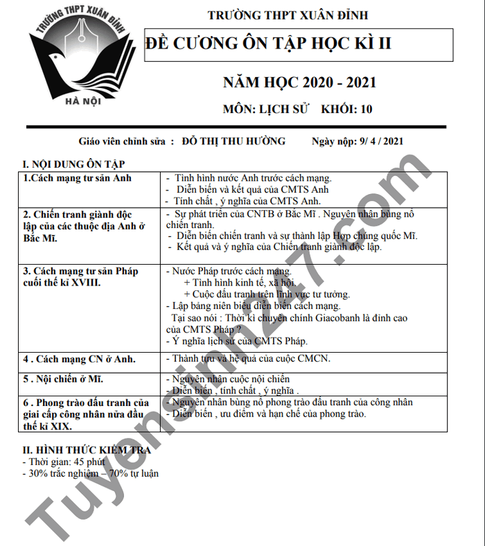 De cuong on tap hoc ki 2 lop 10 THPT Xuan Dinh mon Su 2021
