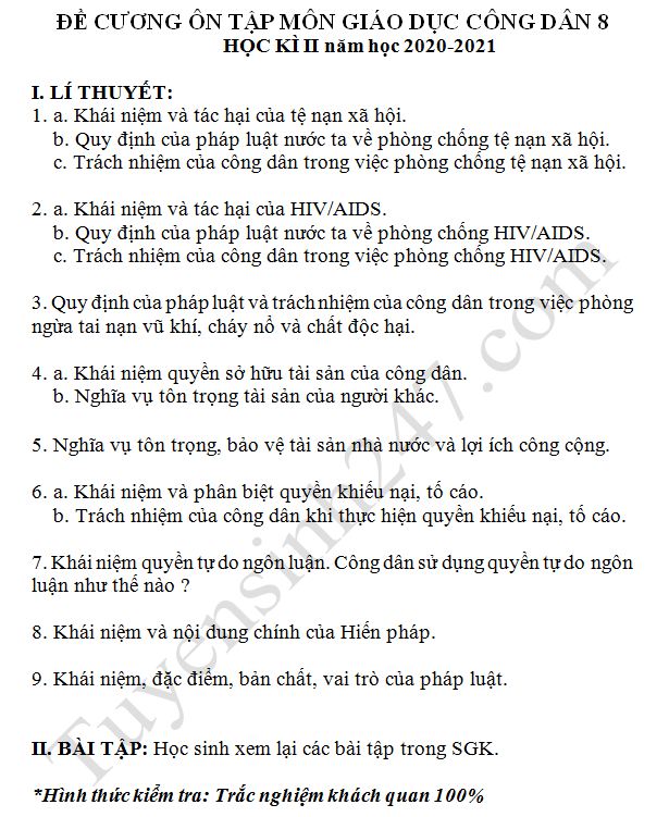 De cuong on tap ki 2 mon GDCD lop 8 - THCS Thang Long 2021