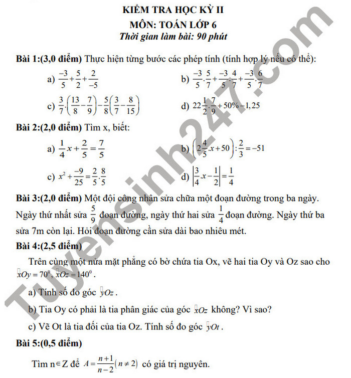 De thi hoc ki 2 lop 6 mon Toan - THCS Long Toan 2021 (De minh hoa)