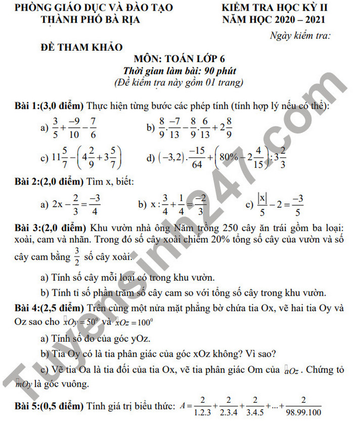 De thi hoc ki 2 mon Toan lop 6 - TP Ba Ria 2021 (De tham khao)