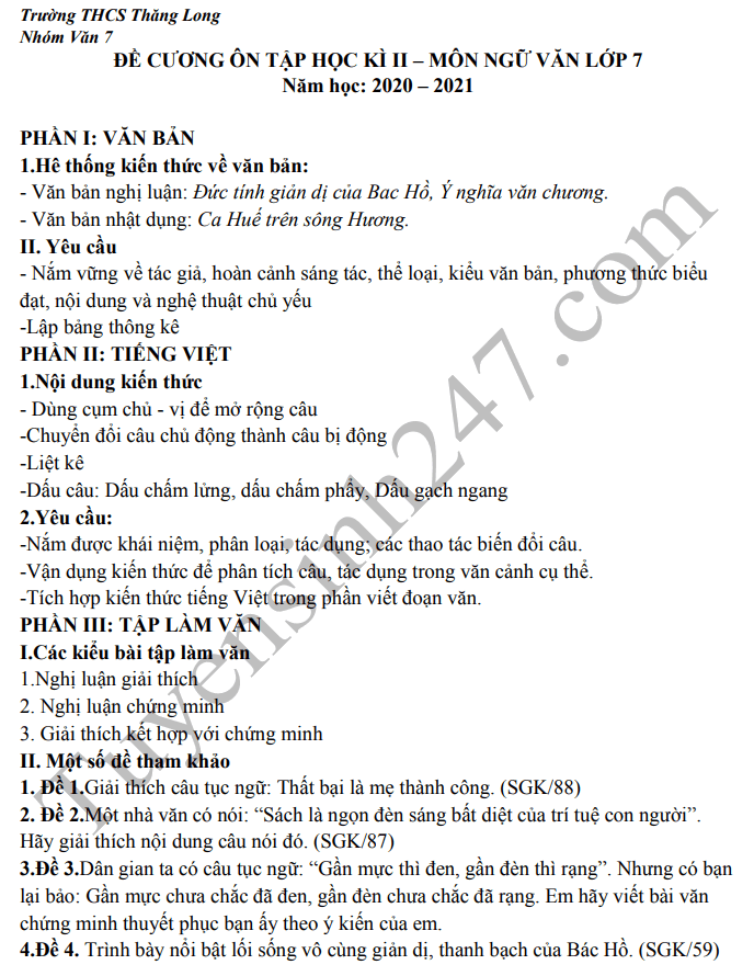 De cuong on tap ki 2 lop 7 mon Van 2021 - THCS Thang Long