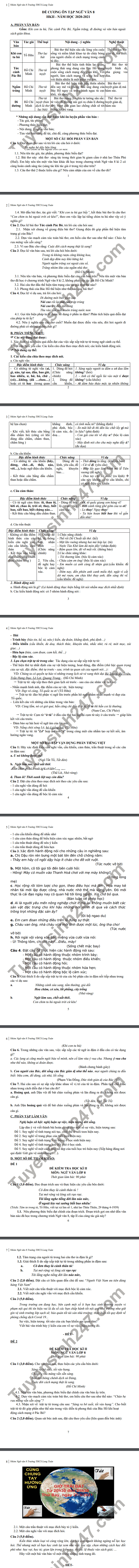 De cuong hoc ki 2 nam 2021 mon Van lop 8 THCS Long Toan