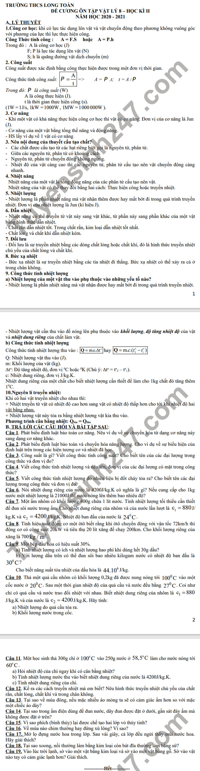 De cuong on tap ki 2 Ly 8 - THCS Long Toan 2021