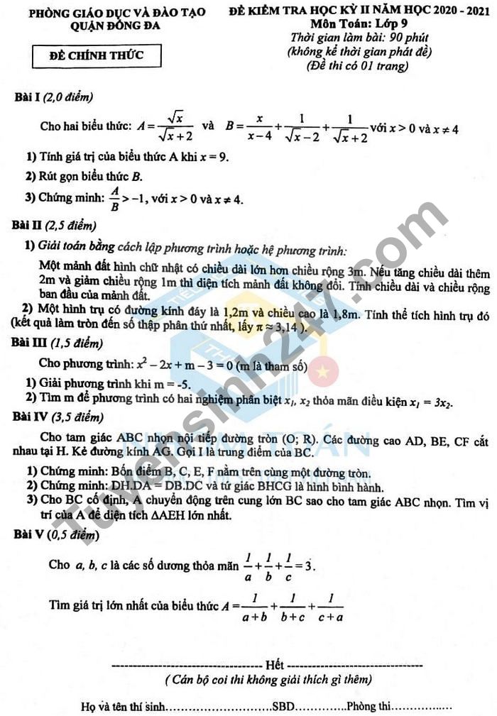 De thi hoc ki 2 mon Toan lop 9 nam 2021 - Quan Dong Da