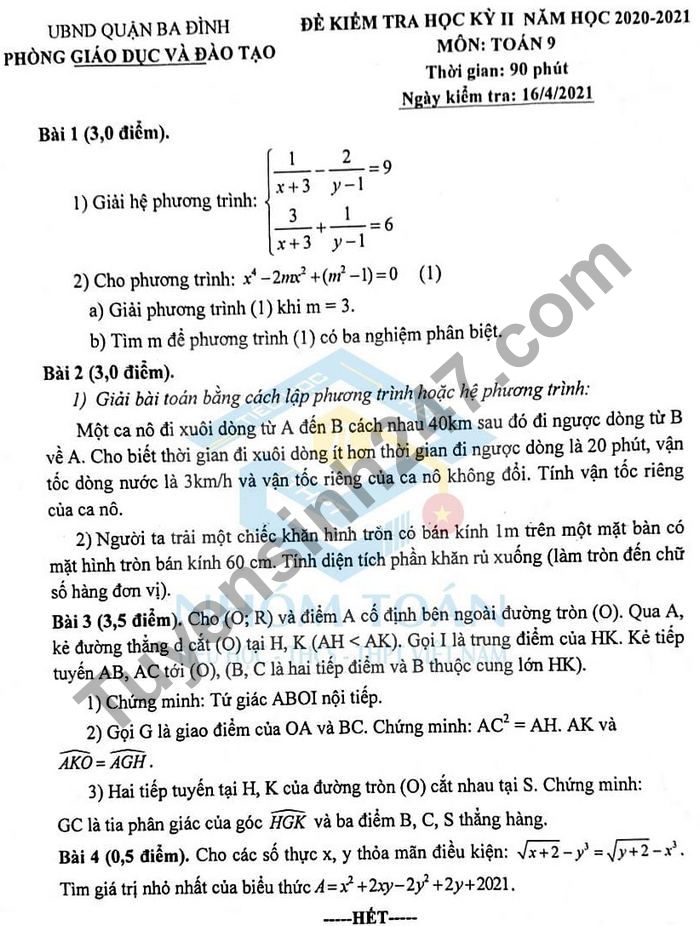 De thi hoc ki 2 lop 9 mon Toan nam 2021 - Quan Ba Dinh