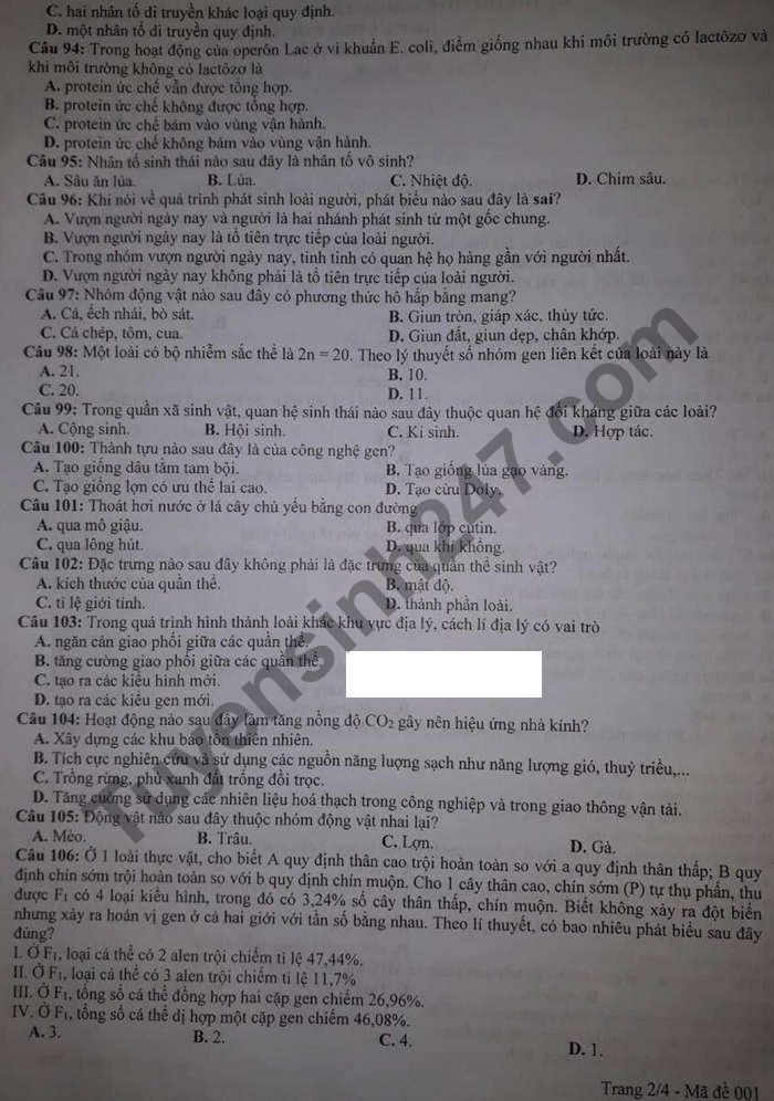 De thi thu tot nghiep THPT nam 2021 mon Sinh - So GD Ha Tinh