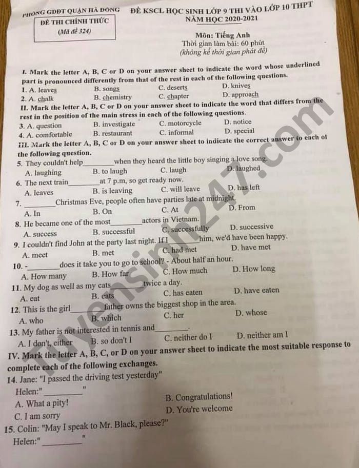 De thi thu vao lop 10 Quan Ha Dong mon Anh nam 2021