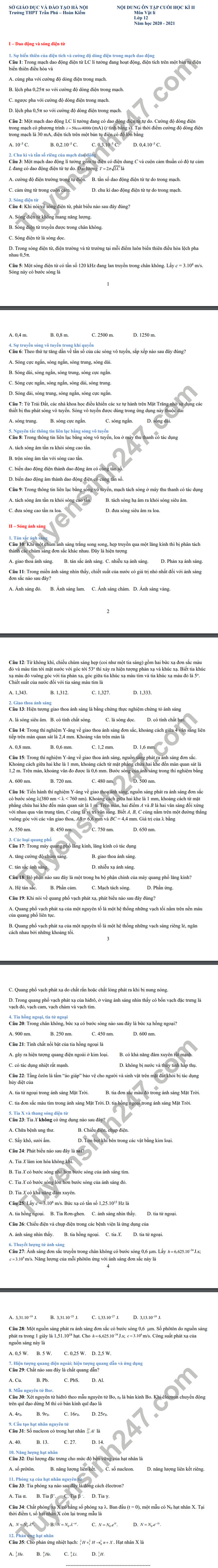 De cuong hoc ki 2 nam 2021 THPT Tran Phu-Hoan Kiem mon Ly lop 12