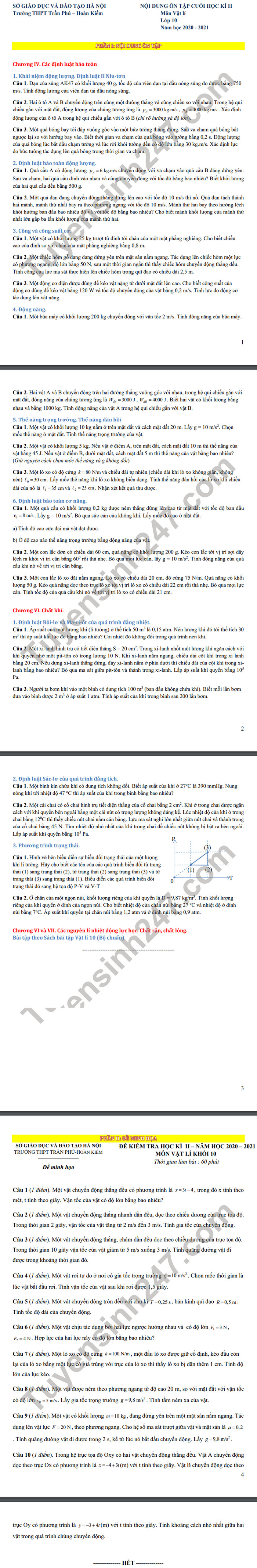 De cuong hoc ki 2 lop 10 THPT Tran Phu-Hoan Kiem mon Ly 2021