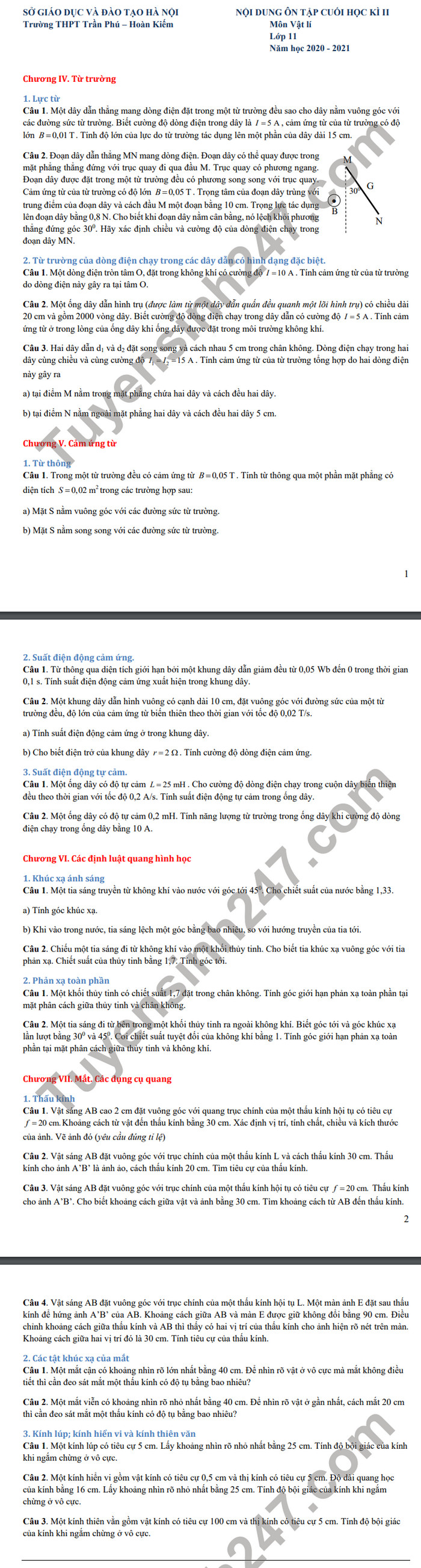 De cuong hoc ki 2 mon Ly lop 11 nam 2021 THPT Tran Phu-Hoan Kiem