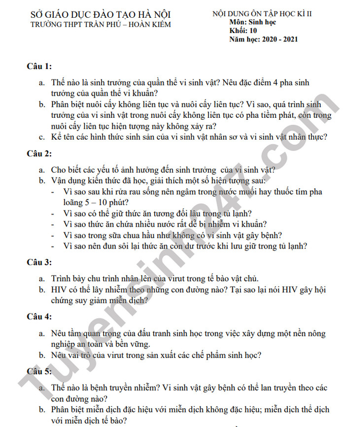 De cuong hoc ki 2 lop 10 THPT Tran Phu-Hoan Kiem mon Sinh 2021