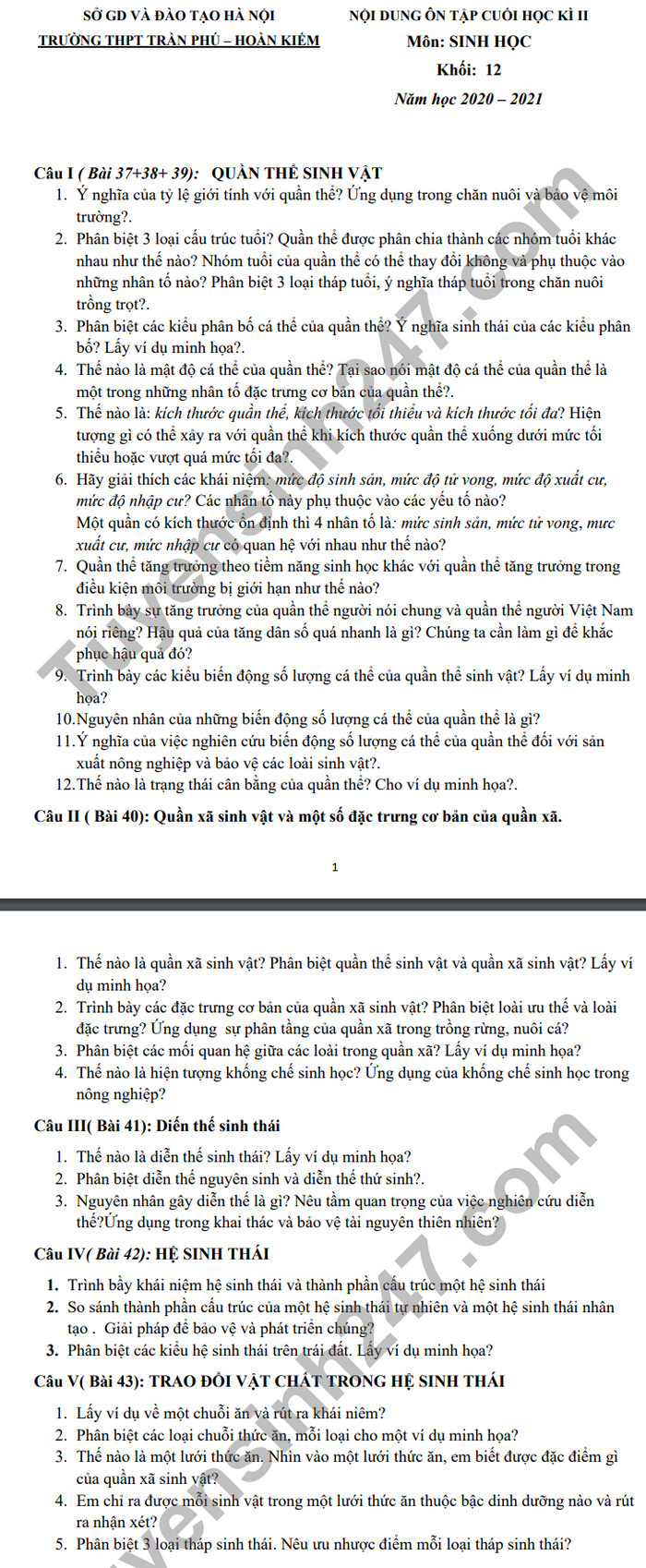 De cuong hoc ki 2 THPT Tran Phu-Hoan Kiem nam 2021 Sinh lop 12