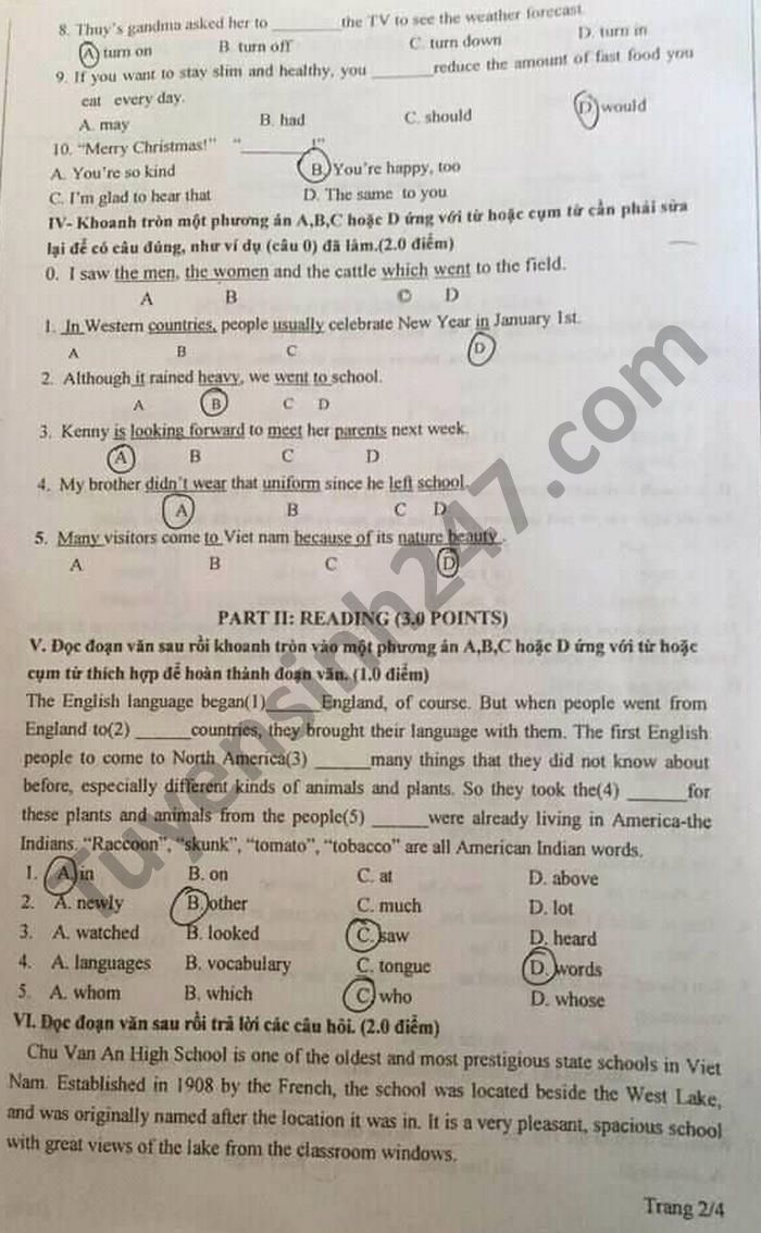 De thi hoc ki 2 nam 2021 mon Anh lop 9 tinh Nam Dinh