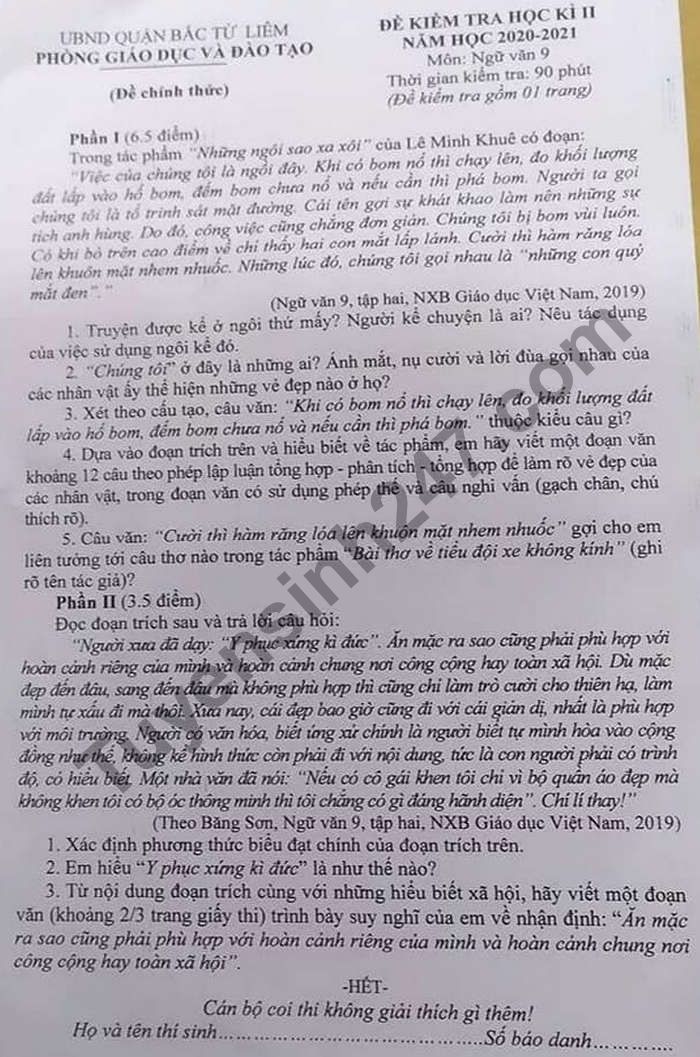 De thi hoc ki 2 lop 9 mon Van - Quan Bac Tu Liem 2021