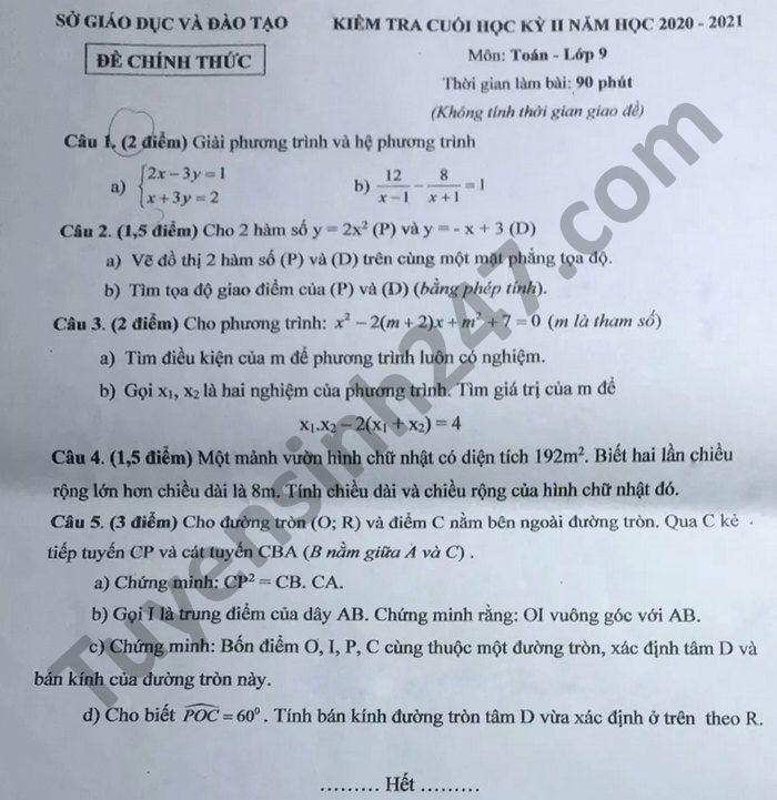 De thi hoc ki 2 nam 2021 mon Toan lop 9 tinh Binh Duong