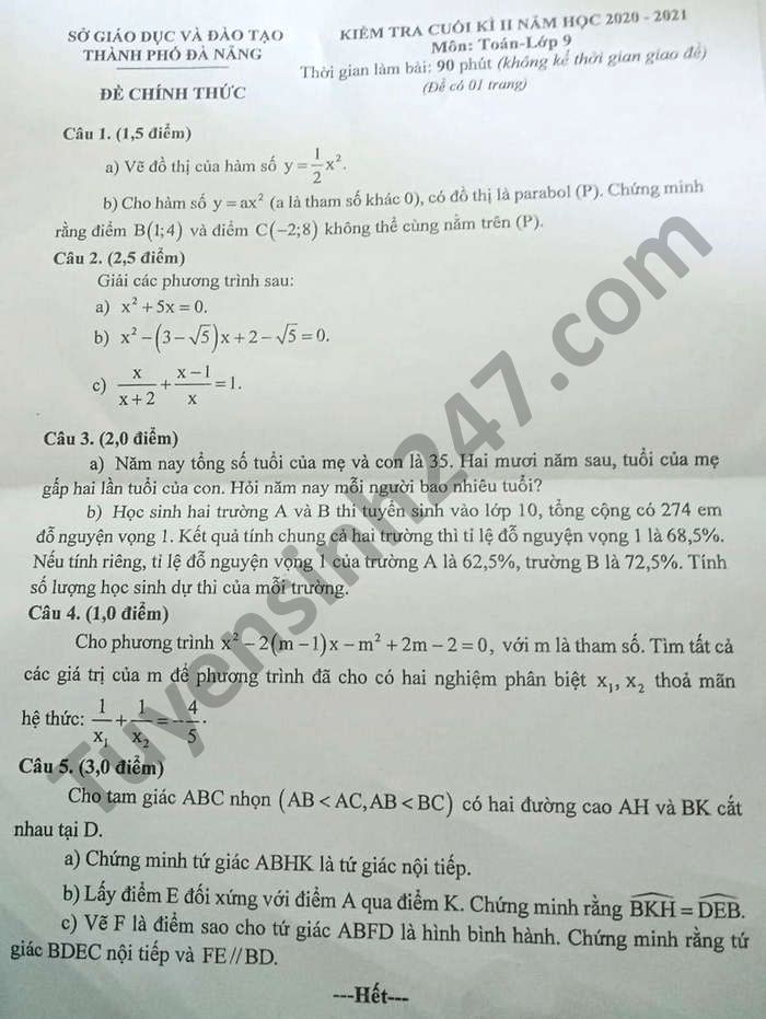 De thi hoc ki 2 nam 2021 Thanh pho Da Nang mon Toan lop 9