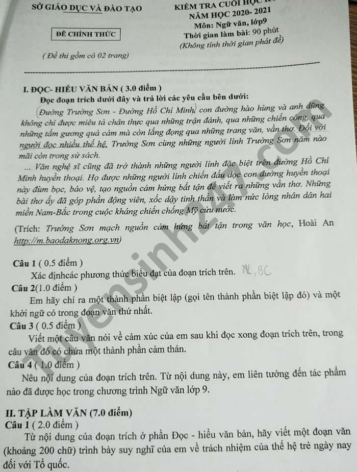 De thi hoc ki 2 nam 2021 mon Van lop 9 tinh Binh Duong