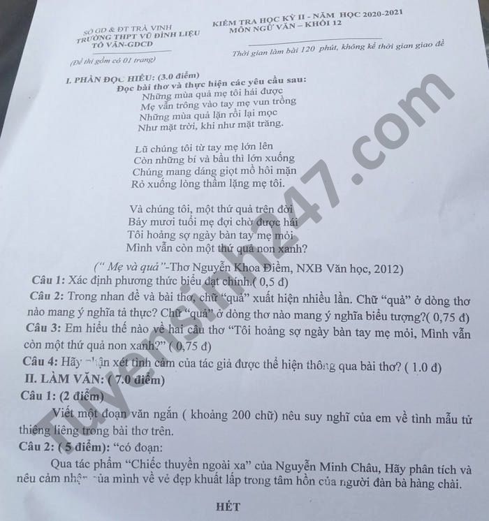 De thi hoc ki 2 THPT Vu Dinh Lieu mon Van lop 12 nam 2021