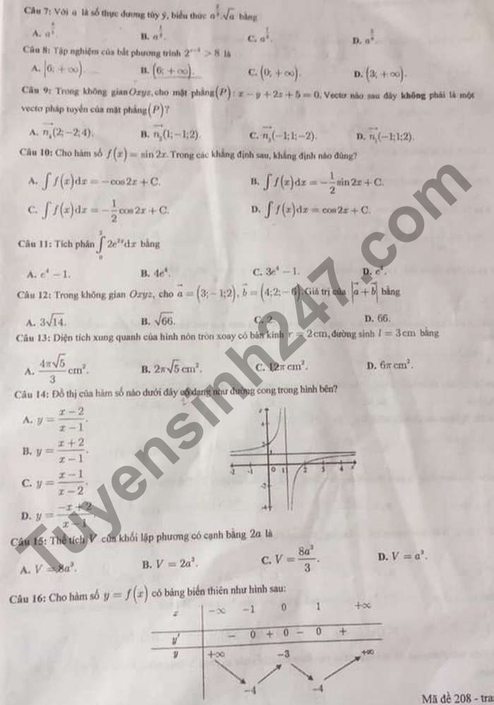 De thi hoc ki 2 lop 12 mon Toan - So GD Nam Dinh 2021