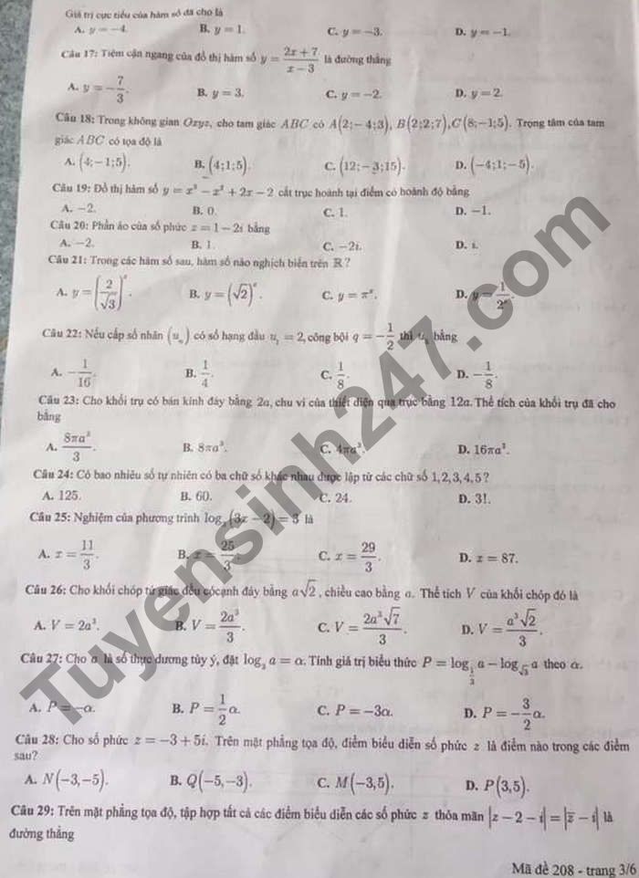 De thi hoc ki 2 lop 12 mon Toan - So GD Nam Dinh 2021