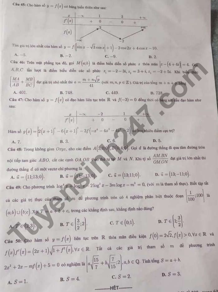 De thi hoc ki 2 lop 12 mon Toan - So GD Nam Dinh 2021
