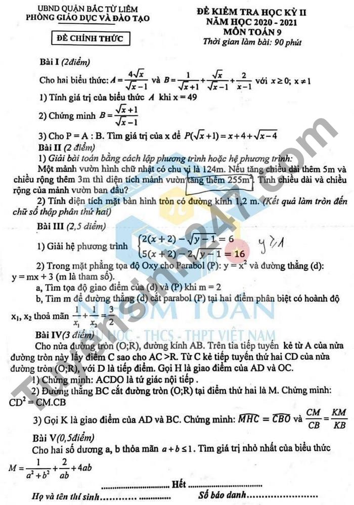 De thi hoc ki 2 mon Toan lop 9 - Quan Bac Tu Liem 2021
