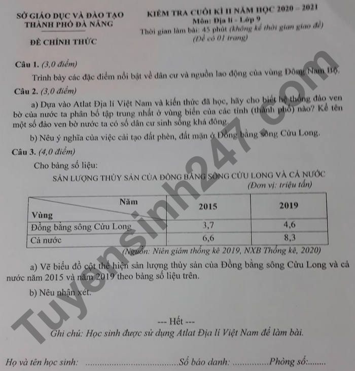 De thi cuoi ki 2 nam 2021 TP Da Nang lop 9 mon Dia