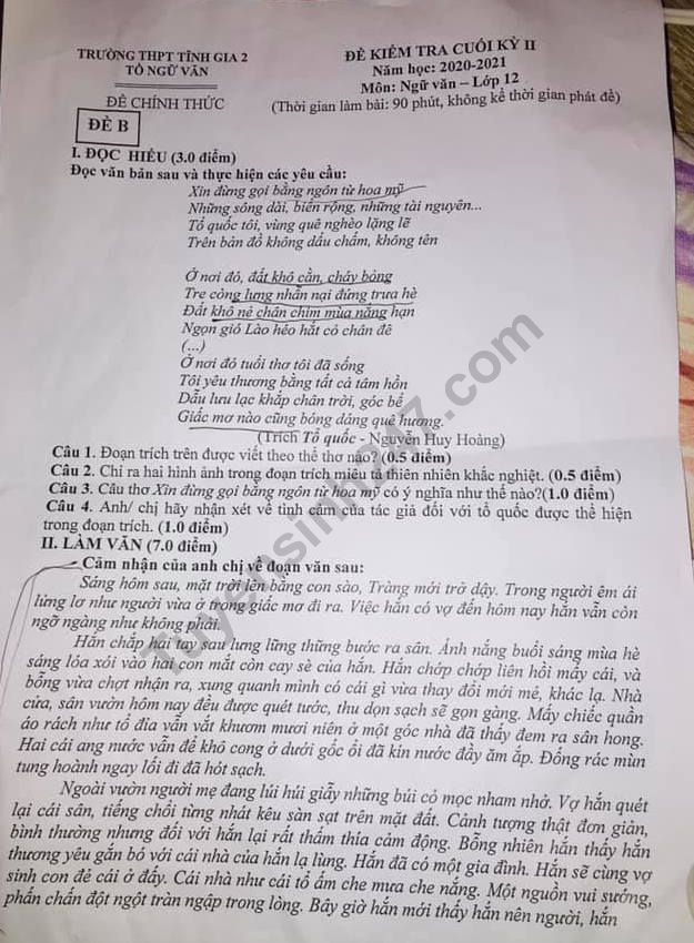 De thi ki 2 lop 12 mon Van 2021 - THPT Tinh Gia 2