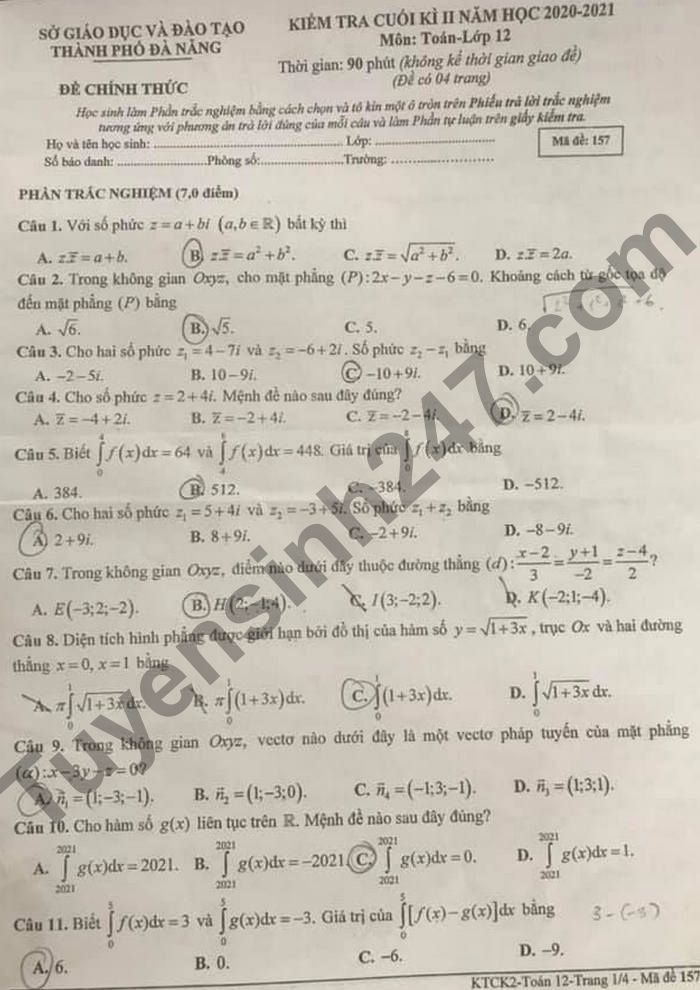 De thi cuoi ki 2 lop 12 mon Toan - TP Da Nang 2021