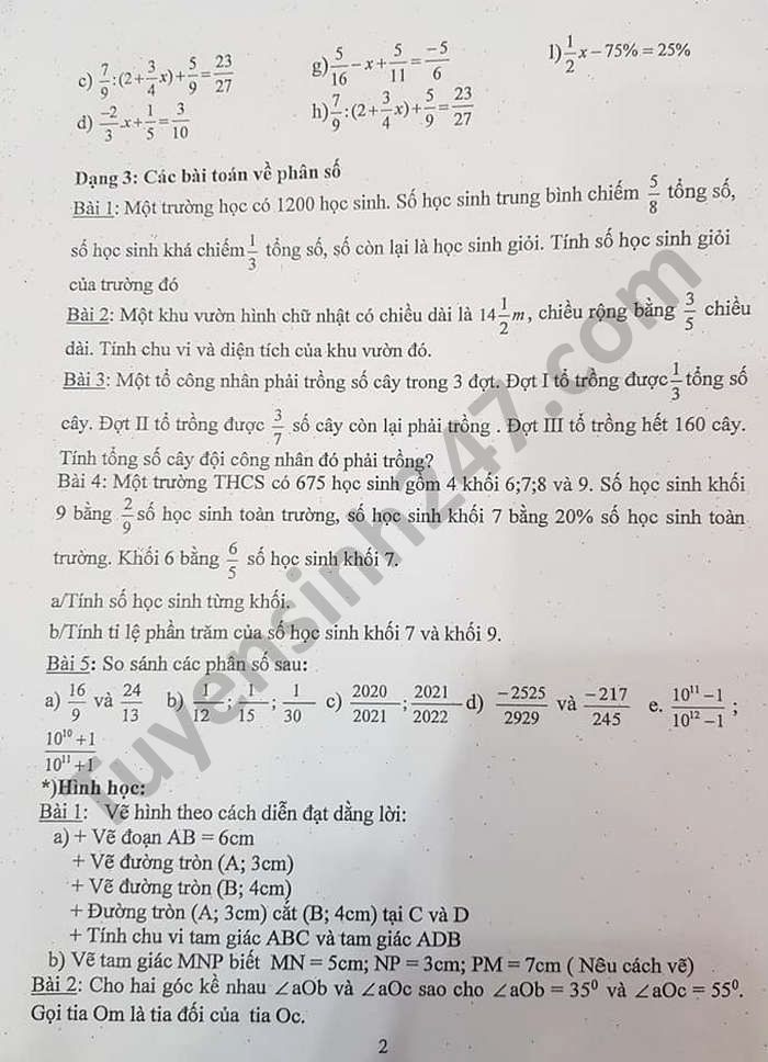 De cuong on tap hoc ki 2 Toan lop 6 THCS Thinh Liet nam 2021