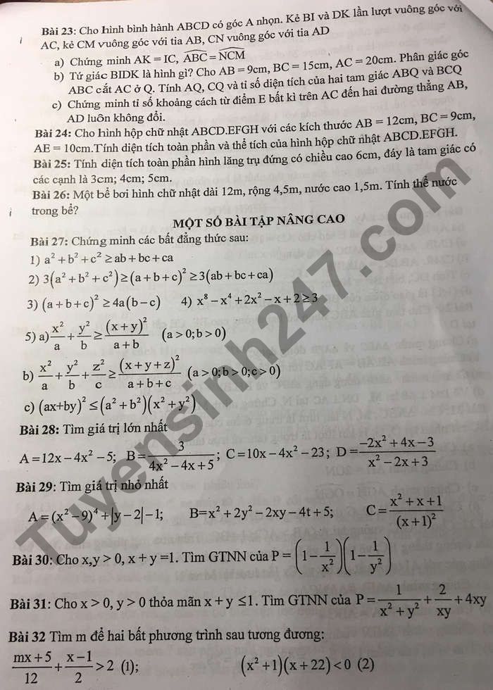De cuong on tap ki 2 lop 8 mon Toan - THCS Viet Nam-Angieri 2021