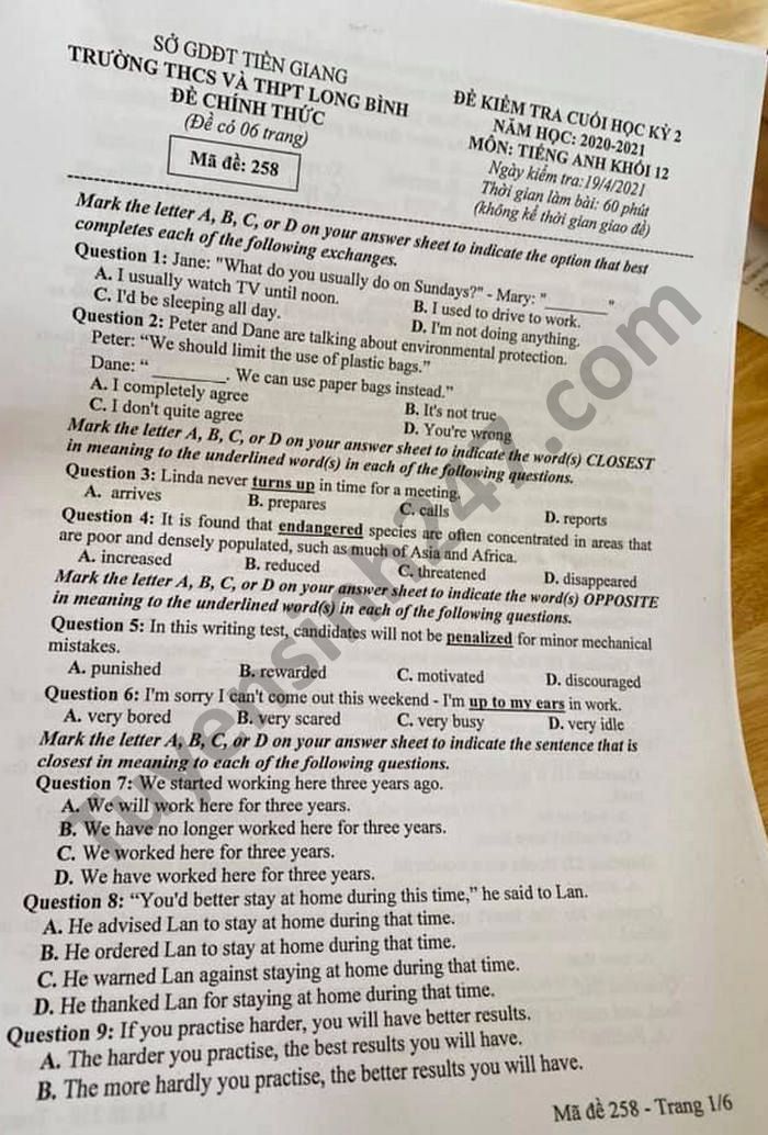 De thi hoc ki 2 mon Anh lop 12 nam 2021 THCS-THPT Long Binh