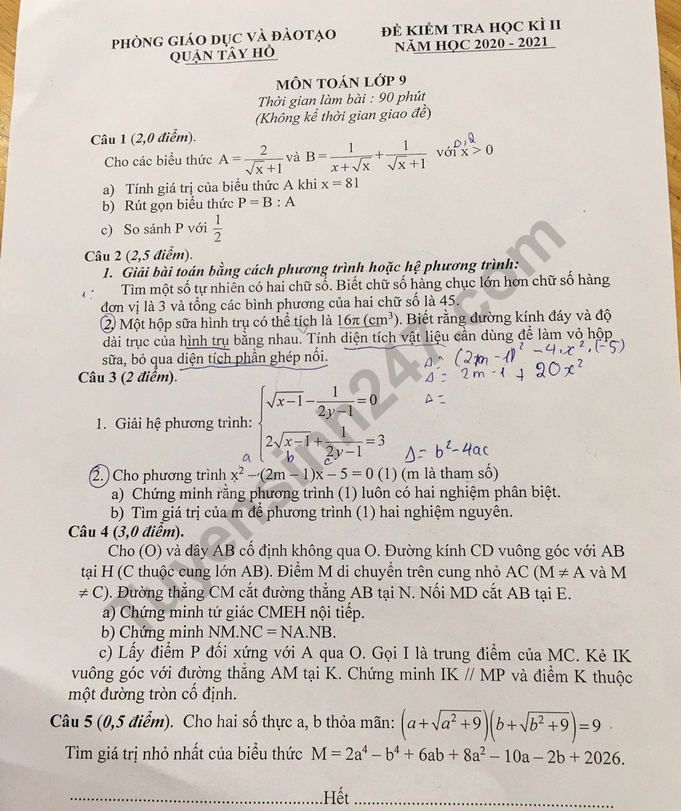 De thi cuoi ki 2 lop 9 mon Toan 2021 - Quan Tay Ho