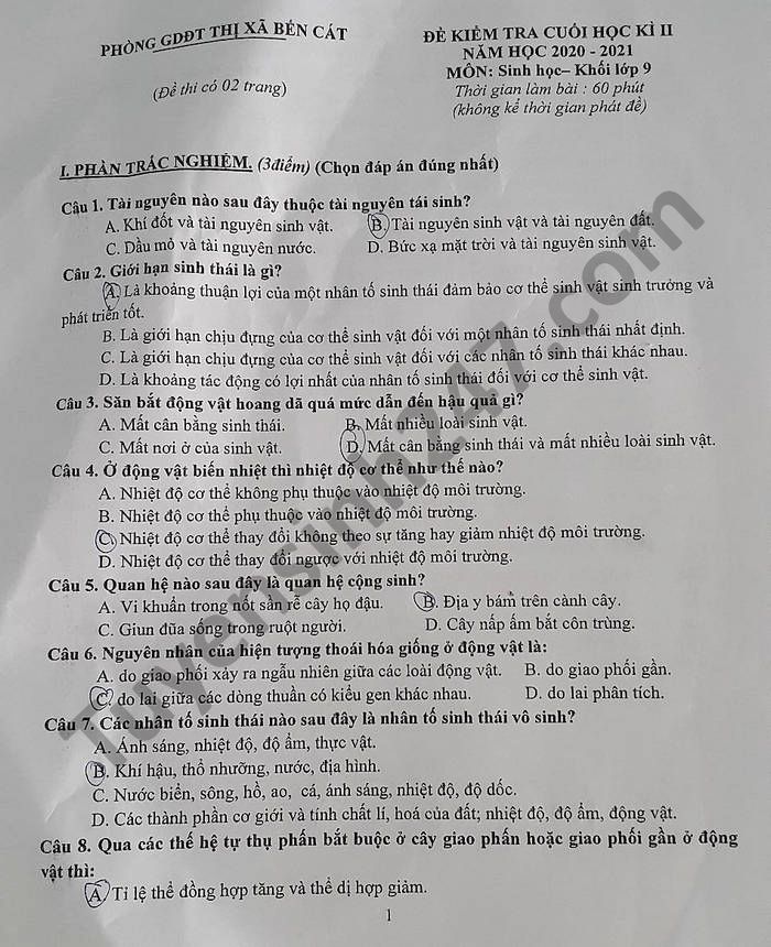 De thi hoc ki 2 mon Sinh lop 9 - Thi xa Ben Cat nam 2021