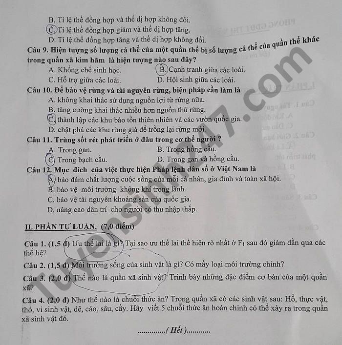 De thi hoc ki 2 mon Sinh lop 9 - Thi xa Ben Cat nam 2021