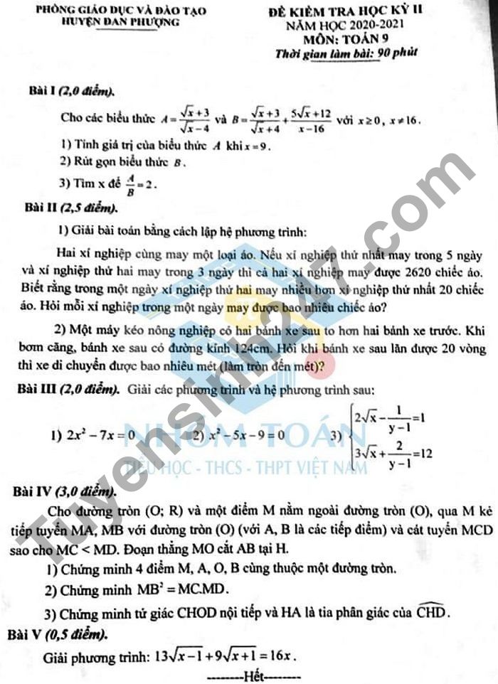 De thi cuoi ki 2 lop 9 mon Toan nam 2021 - Huyen Dan Phuong