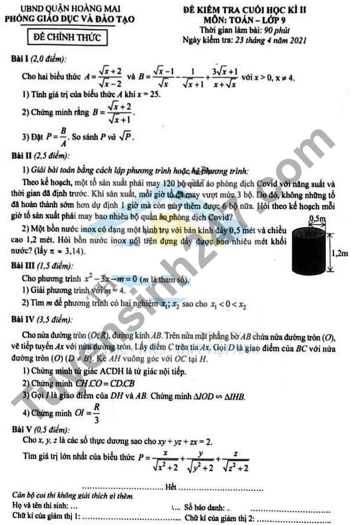 De thi hoc ki 2 mon Toan lop 9 - Quan Hoang Mai 2021