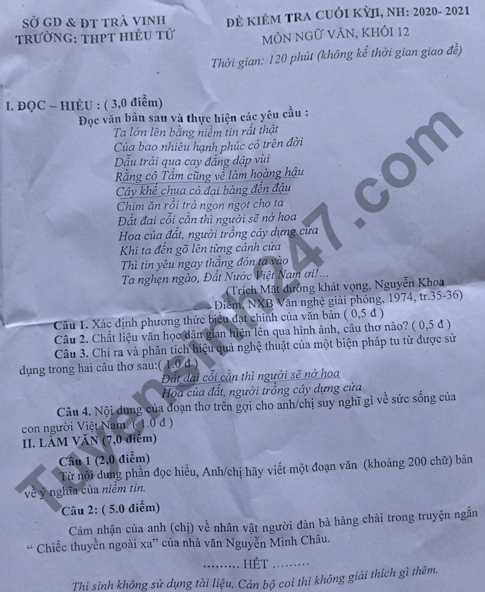 De thi cuoi ki 2 mon Van lop 12 nam 2021 - THPT Hieu Tu