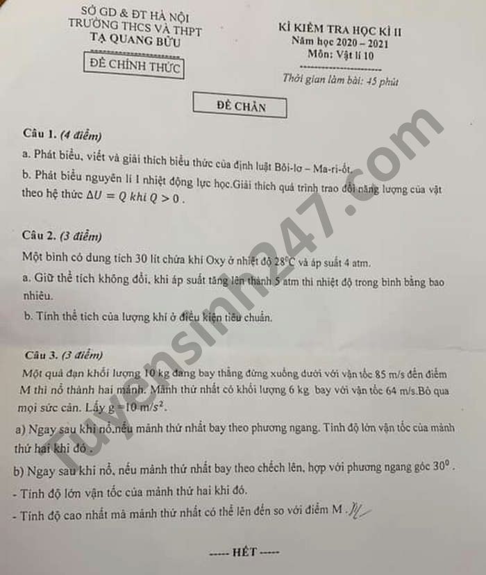 De thi hoc ki 2 mon Ly lop 10 THCS va THPT Ta Quang Buu 2021