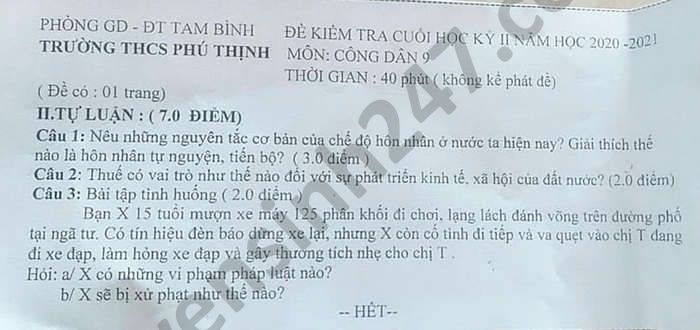 De thi hoc ki 2 mon GDCD lop 9 nam 2021 THCS Phu Thinh