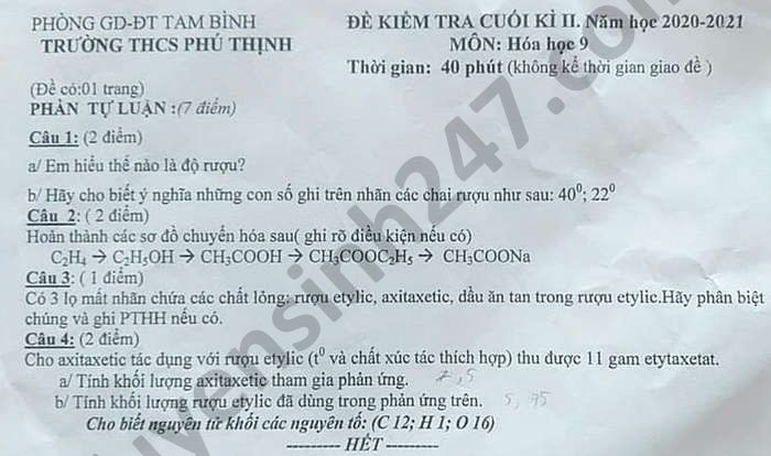 De thi hoc ki 2 THCS Phu Thinh mon Hoa lop 9 nam 2021