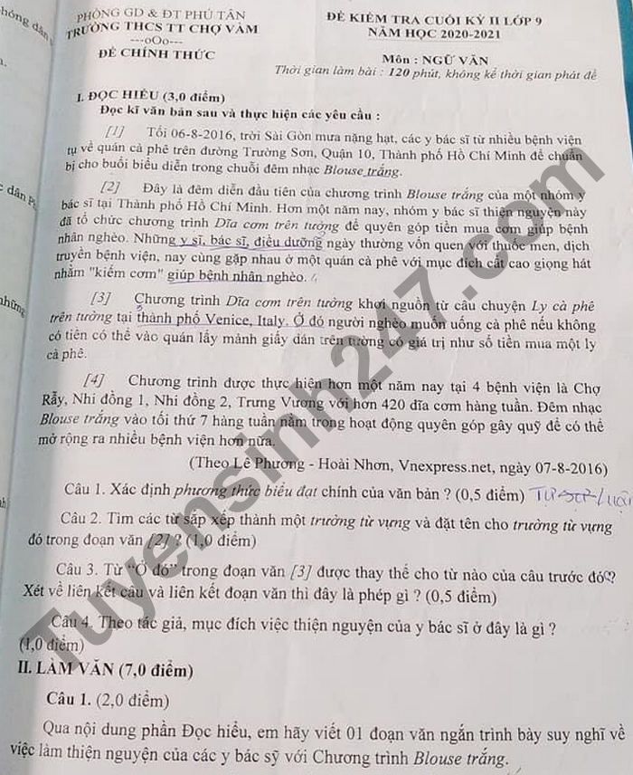 De thi hoc ki 2 mon Van lop 9 - THCS TT Cho Vam 2021