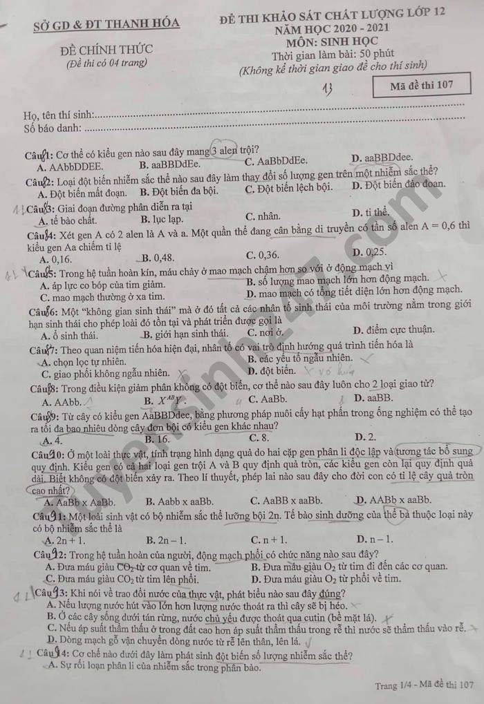 De khao sat chat luong lop 12 mon Sinh tinh Thanh Hoa 2021-co dap an