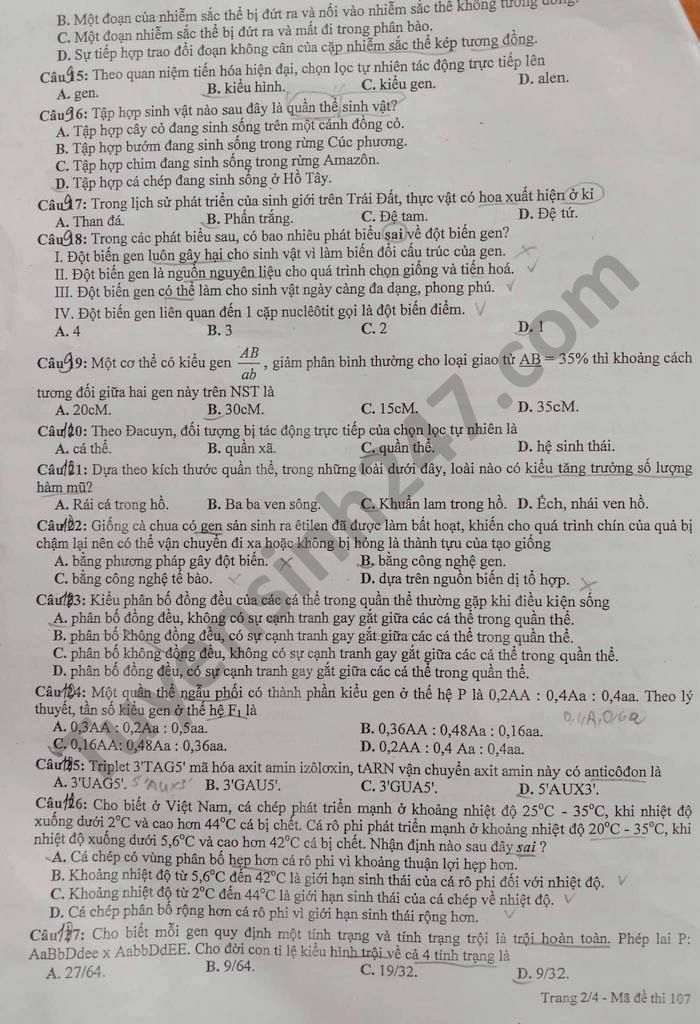 De khao sat chat luong lop 12 mon Sinh tinh Thanh Hoa 2021-co dap an