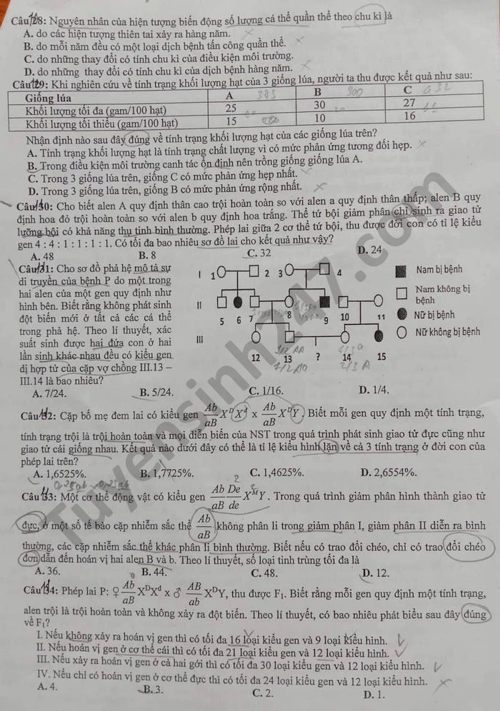 De khao sat chat luong lop 12 mon Sinh tinh Thanh Hoa 2021-co dap an