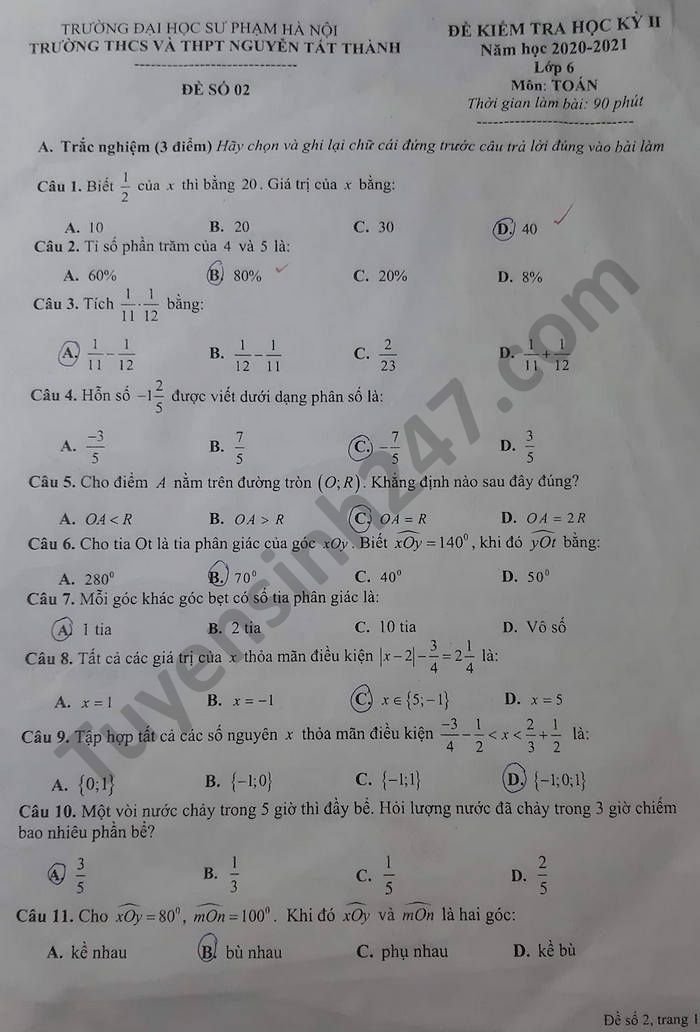 De thi hoc ki 2 nam 2021 mon Toan lop 6 THCS-THPT Nguyen Tat Thanh