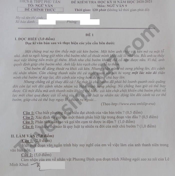 De thi hoc ki 2 mon Van lop 9 TH-THCS Phu Tan nam 2021