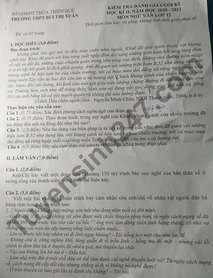 De thi cuoi ki 2 mon Van lop 12 - THPT Bui Thi Xuan 2021